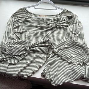 Green and white striped shirt with fun ruffle sleeves, Altard State, L